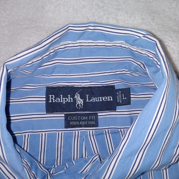 Ralph Lauren Mens L Custom Fit Striped Button Down Shirt Blue White Long Sleeve - Picture 6 of 10